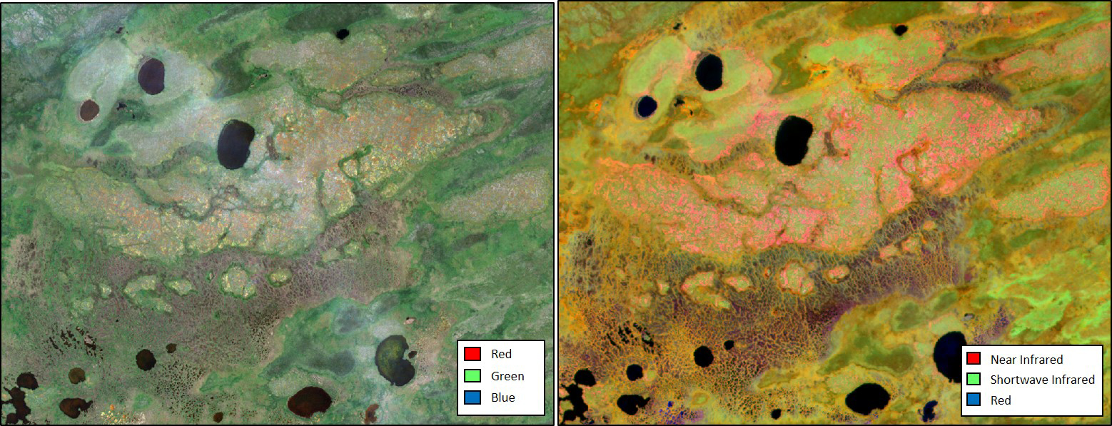 Left: True colour satellite image using visible light that can be observed by the human eye. Right: False colour image using infrared energy beyond the visible spectrum.